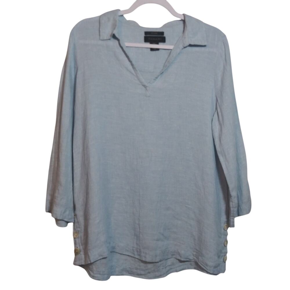Tahari Light Blue Linen Women's Tunic Top 3/4 Sleeves Beach Natural Size M